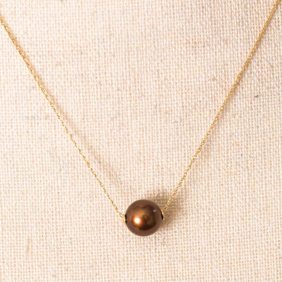 Minimalist floating pearl necklace chocolate pearl 14K choker chain necklace - Picture 3 of 16